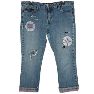 Levi's 545 Upcycled Baseball Themed Distressed Cropped Jeans 12M Vintage Y2K